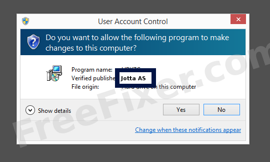 Screenshot where Jotta AS appears as the verified publisher in the UAC dialog